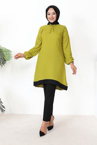 Modaebva - Kolu Lastikli Tesettür Tunik-3160 Fıstıkyeşili