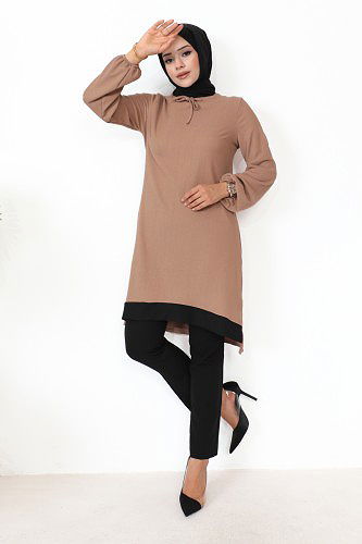 Kolu Lastikli Tesettür Tunik-3160 Vizon - Thumbnail