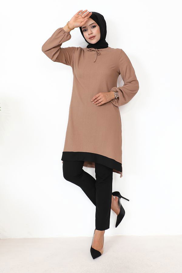 Kolu Lastikli Tesettür Tunik-3160 Vizon