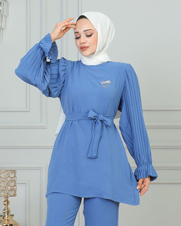 Kolu Piliseli Broşlu İkili Takım-3807 Mavi