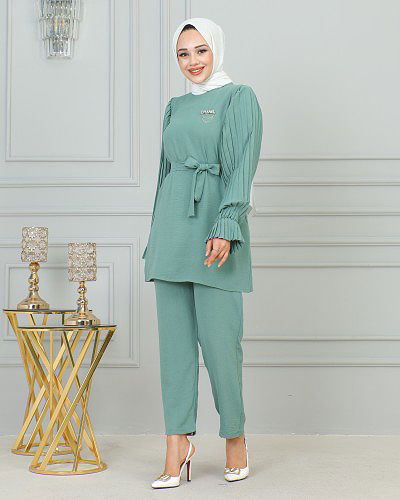 Kolu Piliseli Broşlu İkili Takım-3807 Mintyeşili - Thumbnail