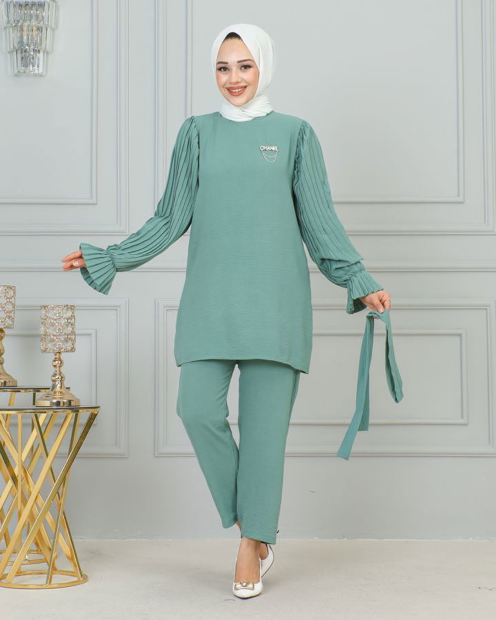 Kolu Piliseli Broşlu İkili Takım-3807 Mintyeşili