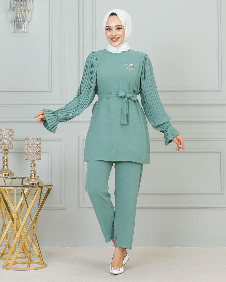 Kolu Piliseli Broşlu İkili Takım-3807 Mintyeşili