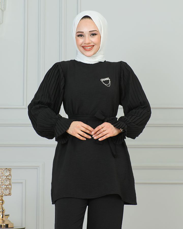 Kolu Piliseli Broşlu İkili Takım-3807 Siyah