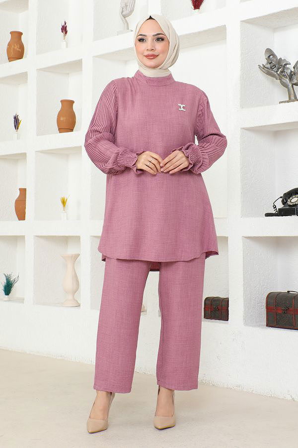 Kolu Piliseli Broşlu Tesettür Takım-3835 Gülkurusu