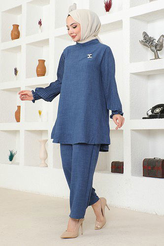 Kolu Piliseli Broşlu Tesettür Takım-3835 İndigo - Thumbnail
