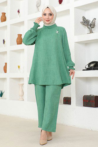 Kolu Piliseli Broşlu Tesettür Takım-3835 Yeşil - Thumbnail