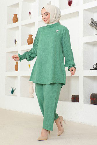 Kolu Piliseli Broşlu Tesettür Takım-3835 Yeşil - Thumbnail