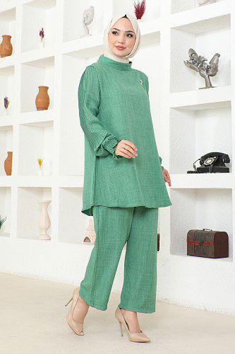 Kolu Piliseli Broşlu Tesettür Takım-3835 Yeşil - Thumbnail