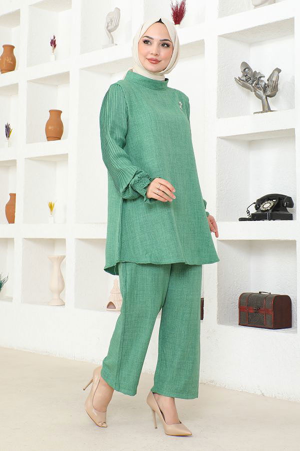 Kolu Piliseli Broşlu Tesettür Takım-3835 Yeşil