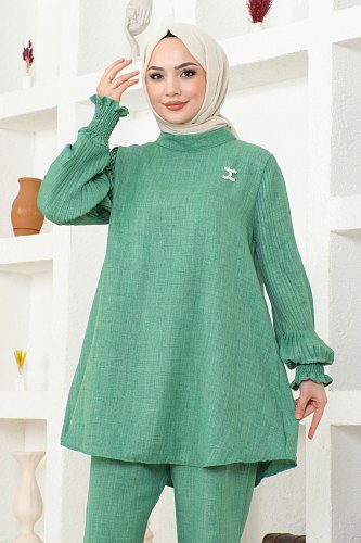 Kolu Piliseli Broşlu Tesettür Takım-3835 Yeşil - Thumbnail