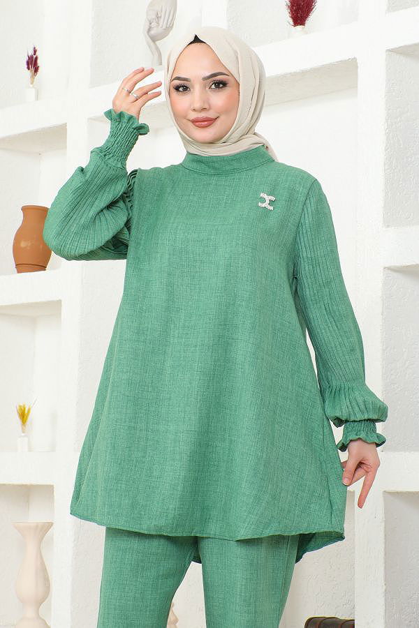 Kolu Piliseli Broşlu Tesettür Takım-3835 Yeşil