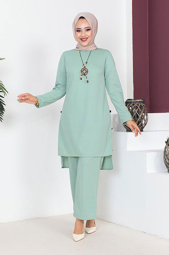 Kolyeli Düğme Detaylı İkili Tesettür Takım-3127 Açık mintyeşili - Thumbnail