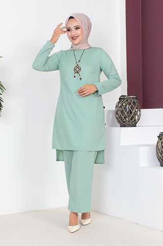 Kolyeli Düğme Detaylı İkili Tesettür Takım-3127 Açık mintyeşili - Thumbnail