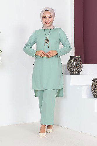 Kolyeli Düğme Detaylı İkili Tesettür Takım-3127 Açık mintyeşili - Thumbnail