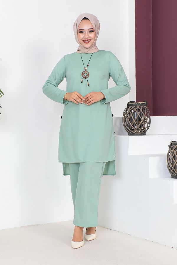 Kolyeli Düğme Detaylı İkili Tesettür Takım-3127 Açık mintyeşili