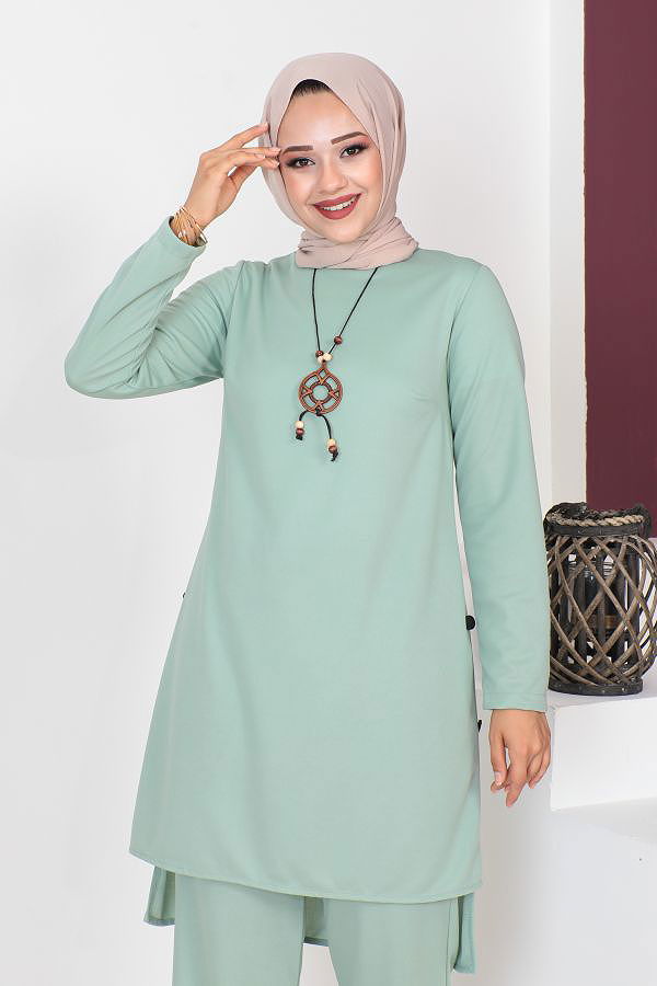Kolyeli Düğme Detaylı İkili Tesettür Takım-3127 Açık mintyeşili