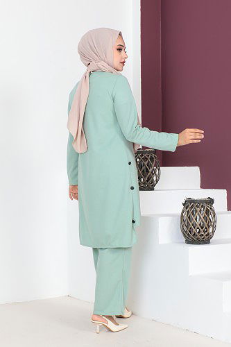 Kolyeli Düğme Detaylı İkili Tesettür Takım-3127 Açık mintyeşili - Thumbnail