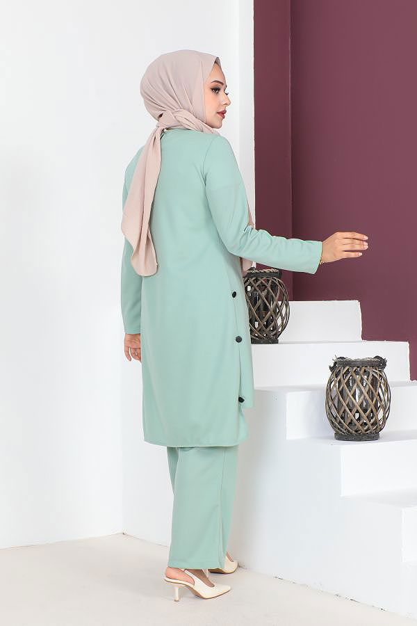 Kolyeli Düğme Detaylı İkili Tesettür Takım-3127 Açık mintyeşili