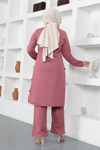 Kolyeli Düğme Detaylı İkili Tesettür Takım-3127 Gülkurusu - Thumbnail