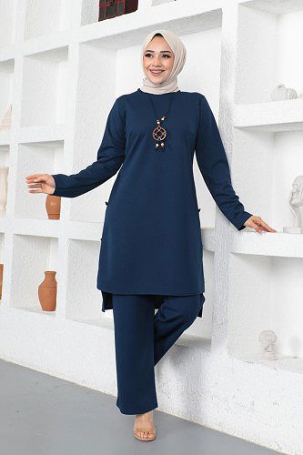 Kolyeli Düğme Detaylı İkili Tesettür Takım-3127 Lacivert - Thumbnail