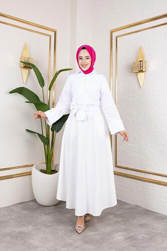 Modaebva - Kuşak Bağlamalı Gömlek-3040 Beyaz (1)
