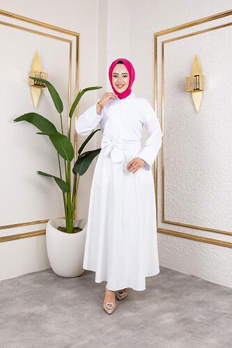 Kuşak Bağlamalı Gömlek-3040 Beyaz - Thumbnail