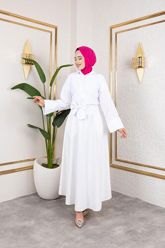 Kuşak Bağlamalı Gömlek-3040 Beyaz - Thumbnail