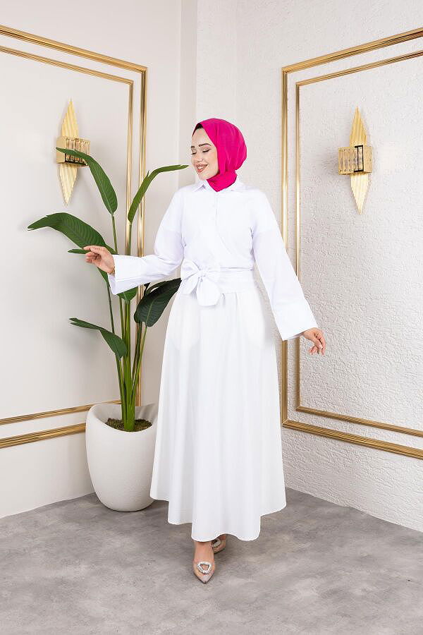 Kuşak Bağlamalı Gömlek-3040 Beyaz