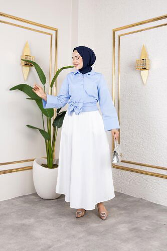 Modaebva - Kuşak Bağlamalı Gömlek-3040 Mavi