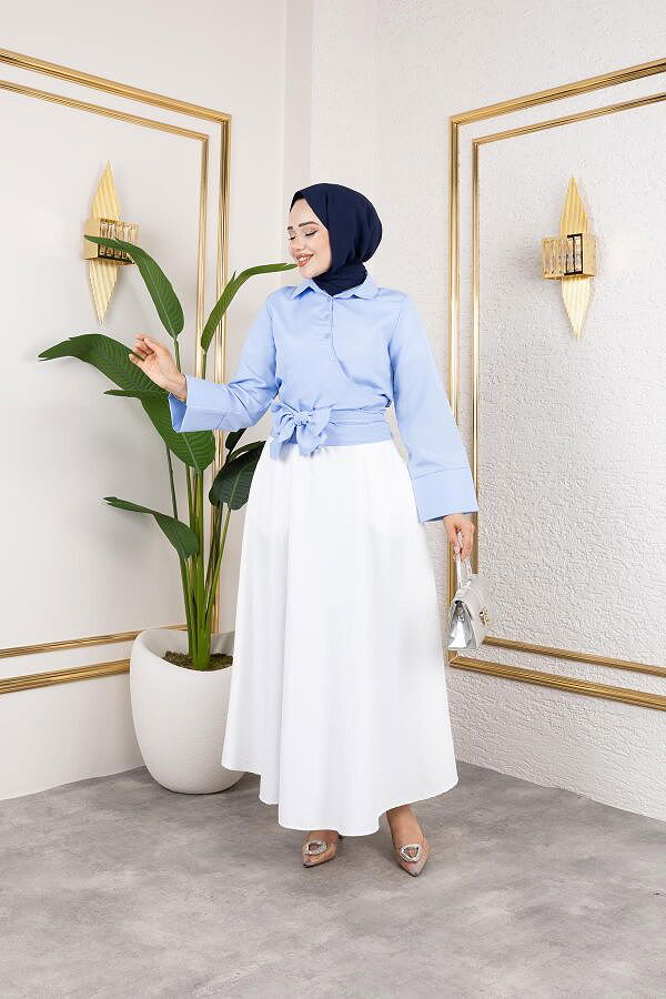 Kuşak Bağlamalı Gömlek-3040 Mavi