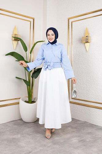 Kuşak Bağlamalı Gömlek-3040 Mavi - Thumbnail