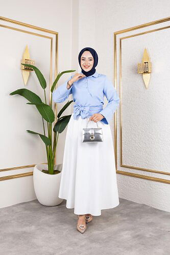 Kuşak Bağlamalı Gömlek-3040 Mavi - Thumbnail