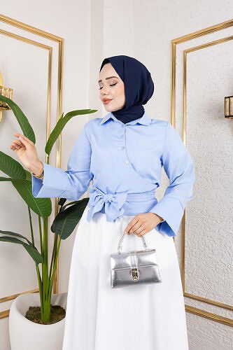 Kuşak Bağlamalı Gömlek-3040 Mavi - Thumbnail
