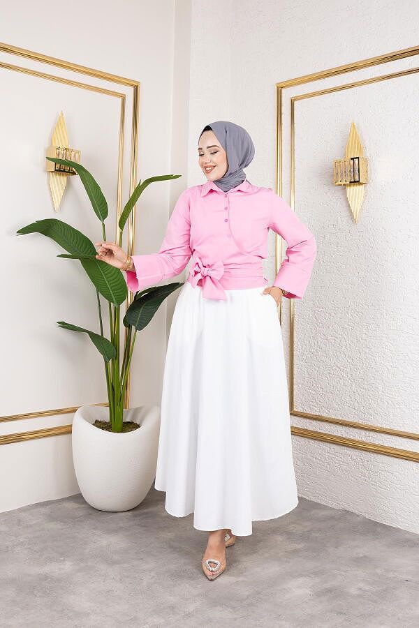 Kuşak Bağlamalı Gömlek-3040 Pembe