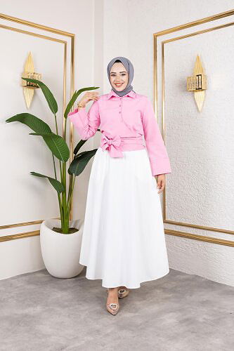 Kuşak Bağlamalı Gömlek-3040 Pembe - Thumbnail