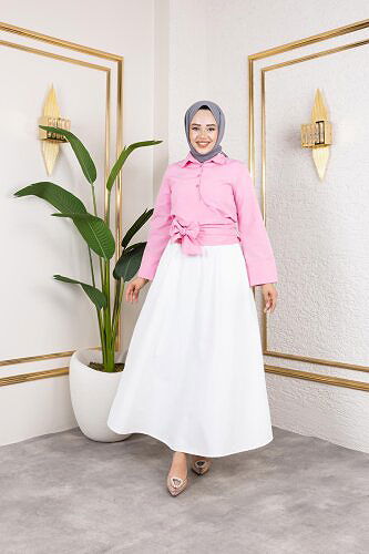 Kuşak Bağlamalı Gömlek-3040 Pembe - Thumbnail