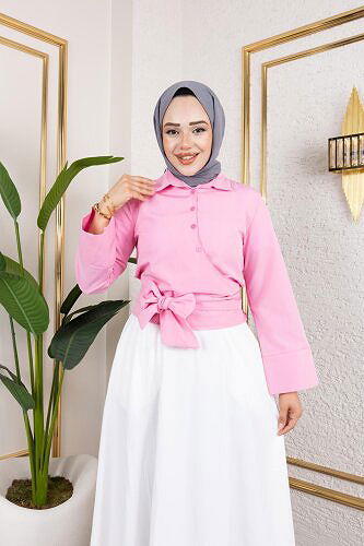 Modaebva - Kuşak Bağlamalı Gömlek-3040 Pembe