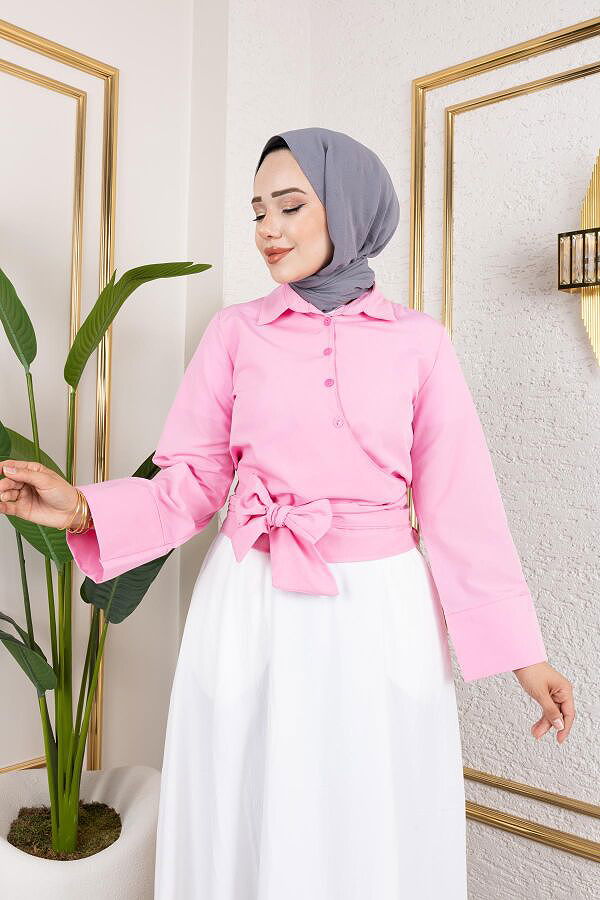 Kuşak Bağlamalı Gömlek-3040 Pembe