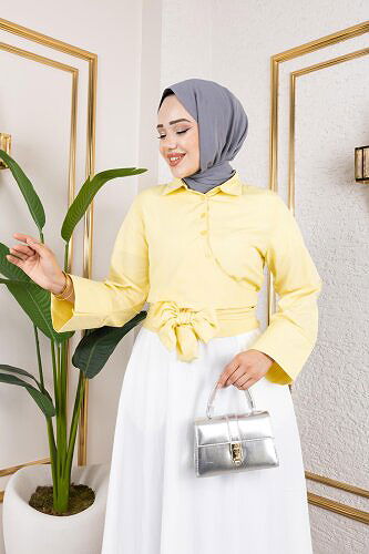 Modaebva - Kuşak Bağlamalı Gömlek-3040 Sarı (1)