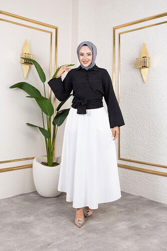 Modaebva - Kuşak Bağlamalı Gömlek-3040 Siyah