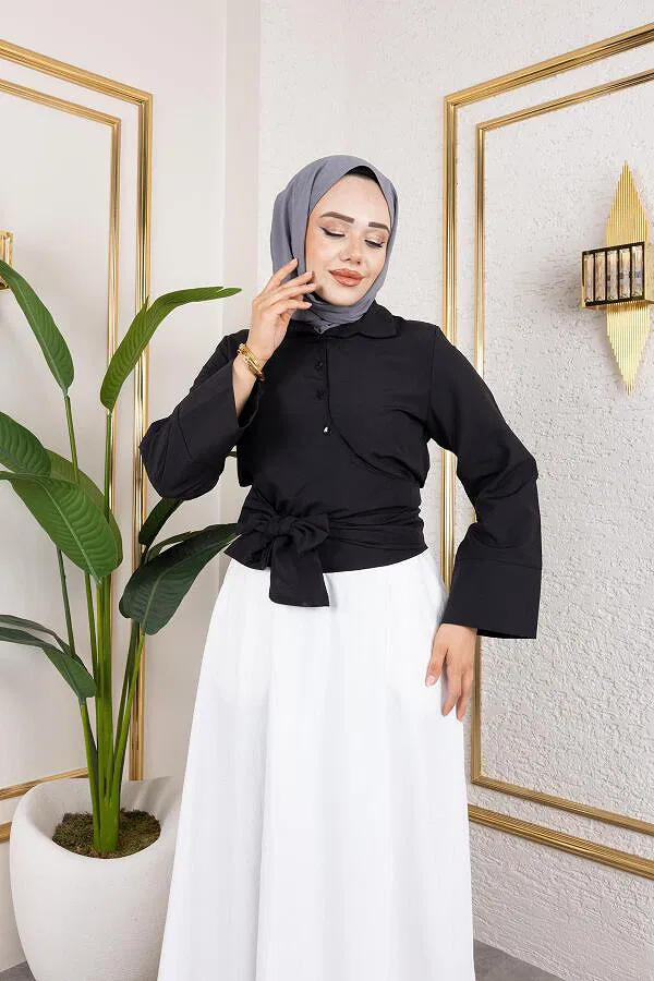 Kuşak Bağlamalı Gömlek-3040 Siyah