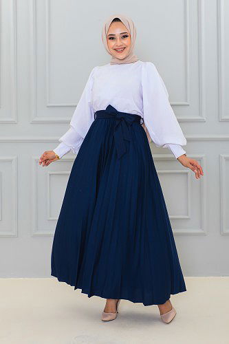 Modaebva - Kuşaklı Pileli Uzun Etek-3033 Lacivert