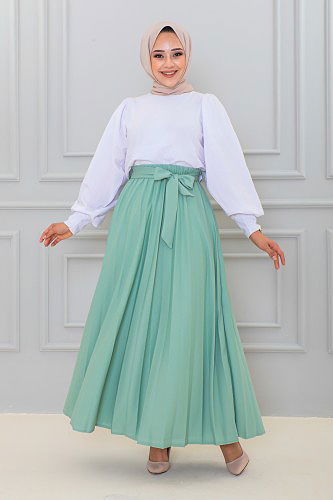 Kuşaklı Pileli Uzun Etek-3033 Mintyeşili - Thumbnail