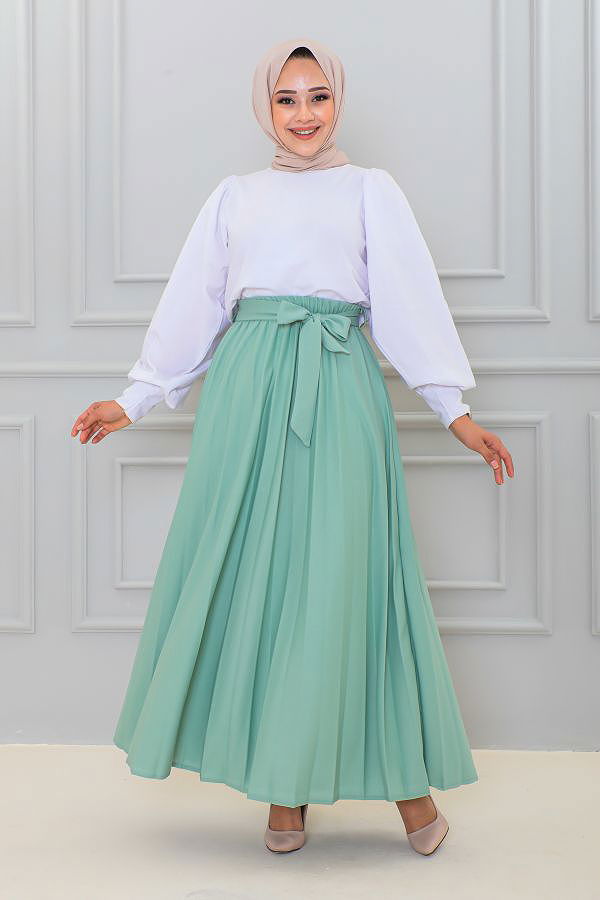 Kuşaklı Pileli Uzun Etek-3033 Mintyeşili