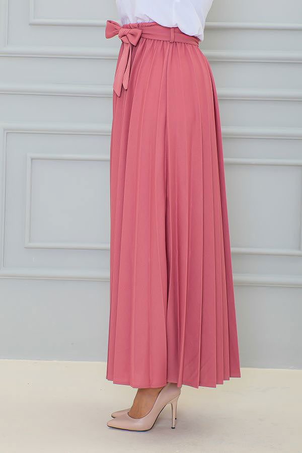 Kuşaklı Pileli Uzun Etek-3033 Pudra