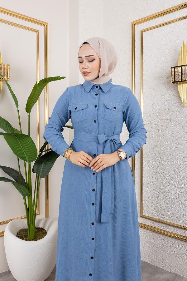 Ön Düğmeli Gizli Cep Detaylı Elbise-5029 Bebe mavisi