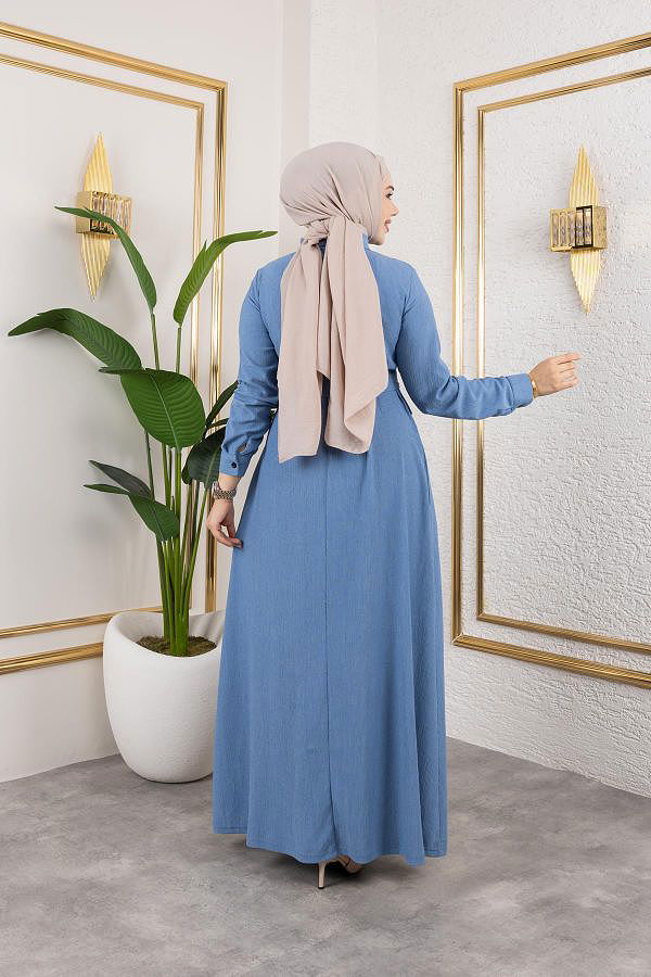 Ön Düğmeli Gizli Cep Detaylı Elbise-5029 Bebe mavisi