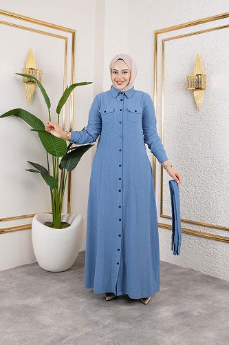 Ön Düğmeli Gizli Cep Detaylı Elbise-5029 Bebe mavisi - Thumbnail