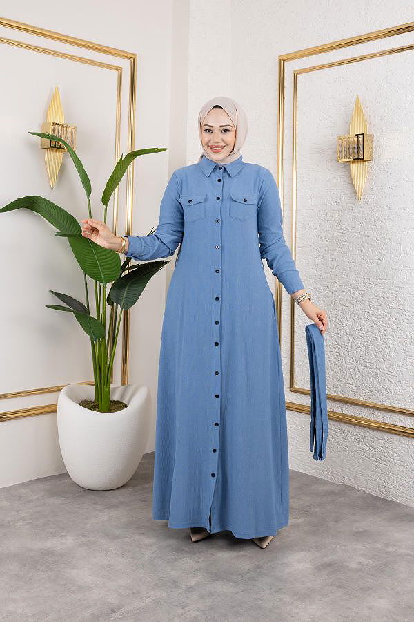 Ön Düğmeli Gizli Cep Detaylı Elbise-5029 Bebe mavisi